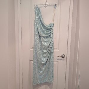 Dress the Population Black Label Martine One-Shoulder Ruched Sequin Blue Dress